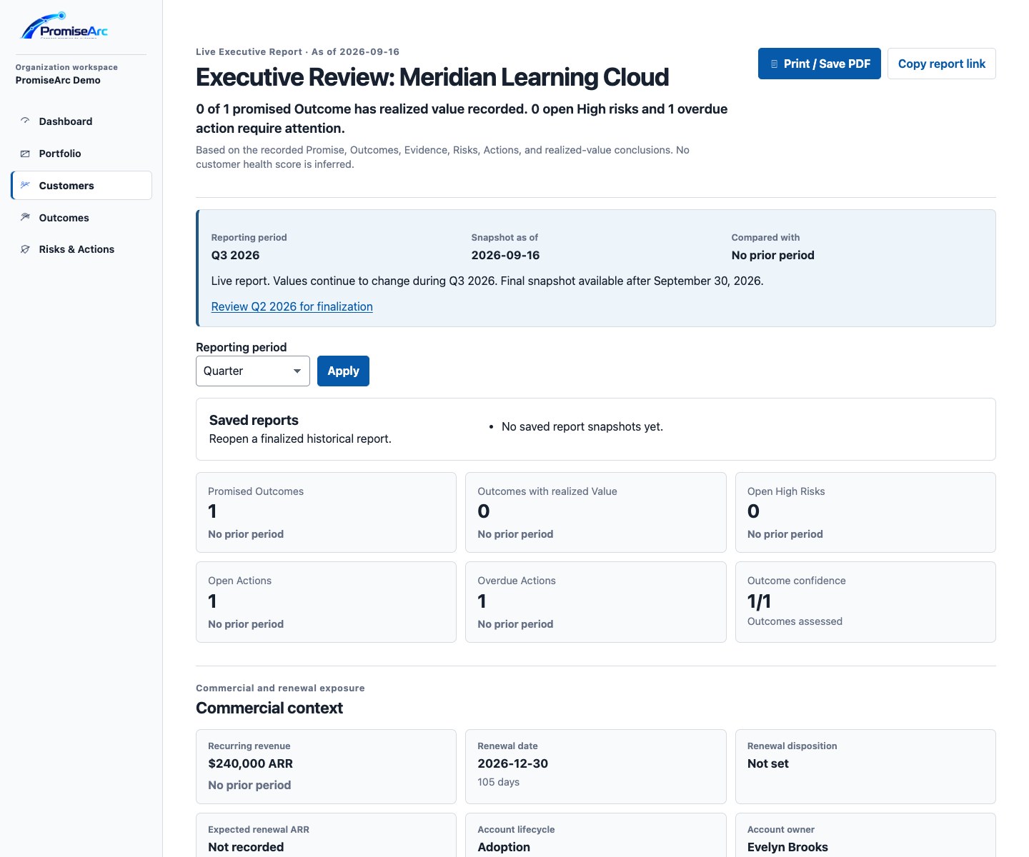 PromiseArc Executive Review for the illustrative Meridian Learning Cloud case showing one promised Outcome, no realized Value recorded, one overdue Action, and renewal context.